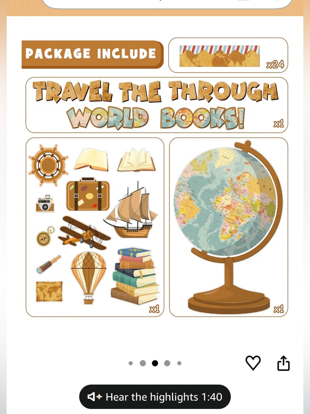 Travel-Themed Wall Decals Set with Globe and Books